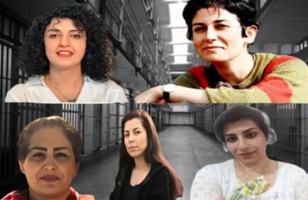 Narges Mohammadi (oben links); Pakhshan Azizi (oben rechts), Mahbubeh Rezaei (unten links), Varishe Moradi (unten mitte), Pariwosch Moslemi (unten rechts)